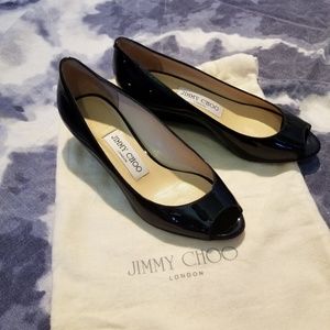 Jimmy Choo Black Patent Leather OpenToe Wedge Pump
